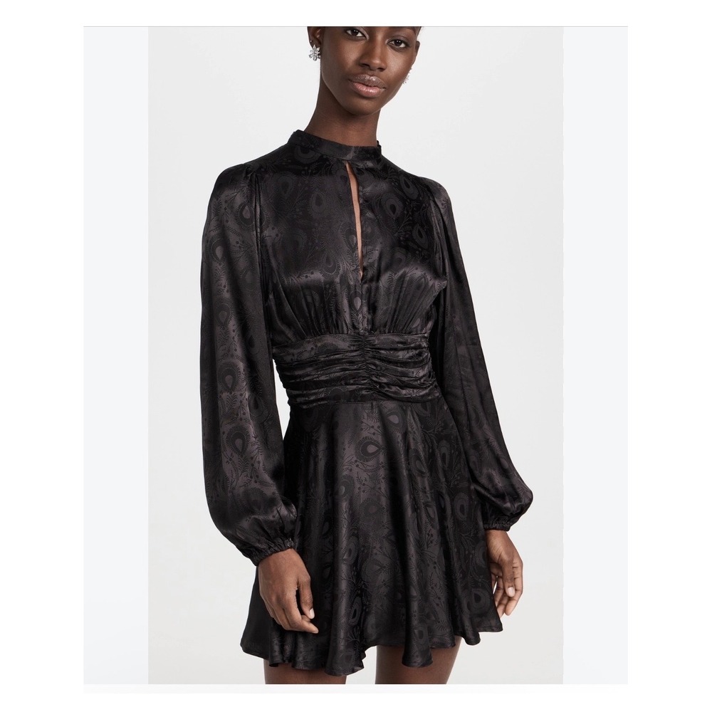 ByTiMo Black Jacquard Mini Dress Peacock Print Balloon Sleeve Mock Neck NWT M